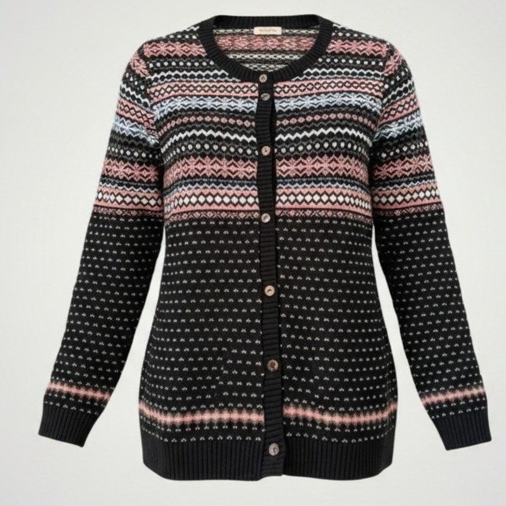 Skovhuus Fair Isle Cardigan Women XL Black Pink Button Knit Sweater Nordic Hygge
